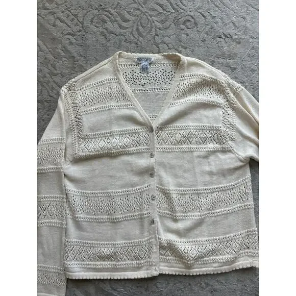 Vintage Cream Crochet Knit Cardigan Women’s Large Boho Open Weave Sweater - Picture 3 of 6